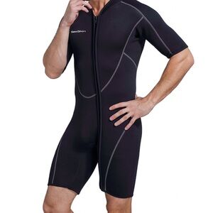 Men's Shorty Wetsuit Front Zip Size S + Neoprene
Socks Size M - New Without Tags